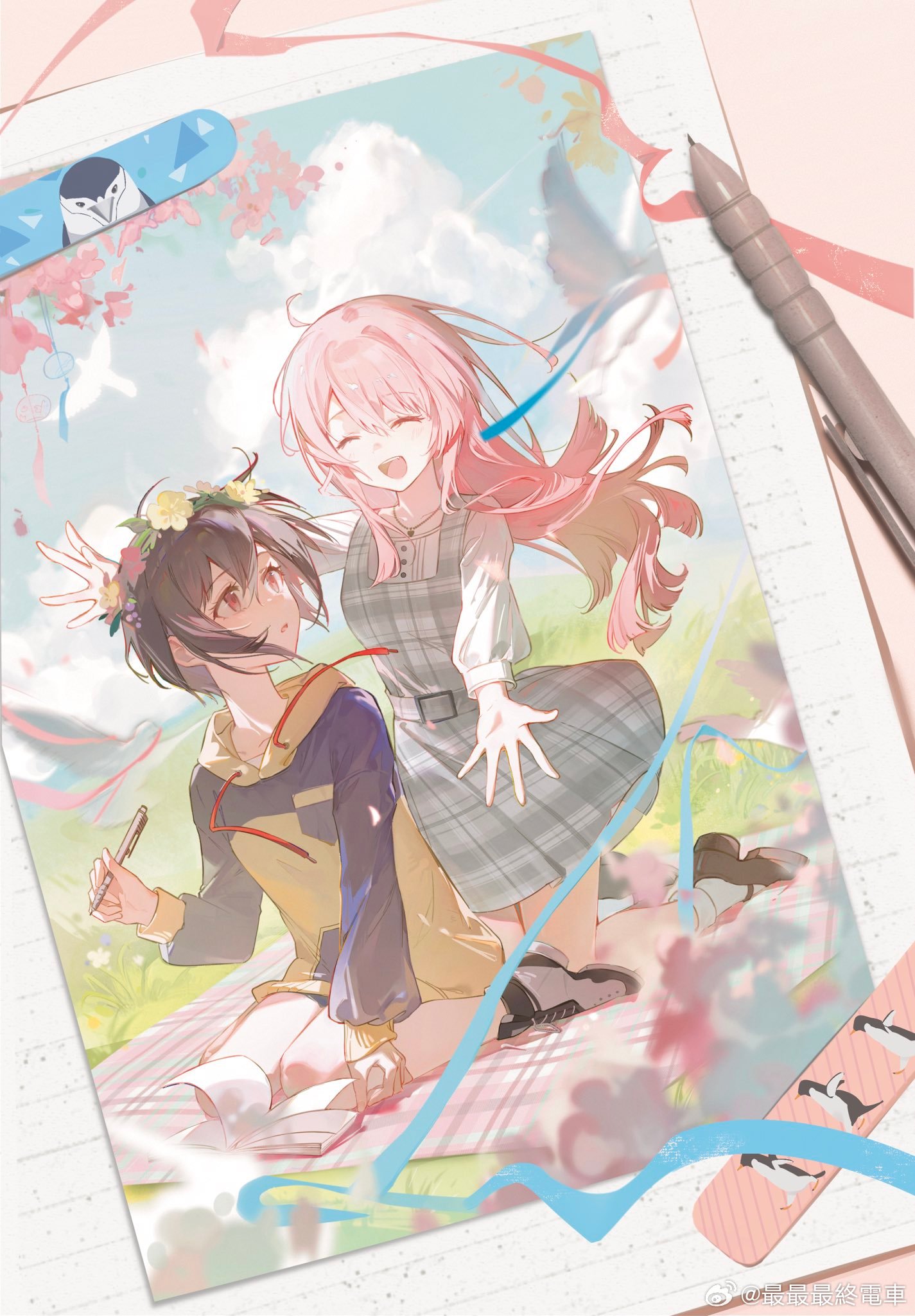 duany, chihaya anon, takamatsu tomori, bang dream!, bang dream! it's mygo!!!!!, chinese commentary, commentary request, highres, 2girls, bandaid, bird, blue ribbon, brown eyes, cherry blossoms, cloud, dress, floating hair, flower wreath, grey hair, hair between eyes, holding, holding pen, hood, hood down, hoodie, long hair, long sleeves, multiple girls, open mouth, outdoors, pen, photo (object), pinafore dress, pink hair, plaid clothes, plaid dress, ribbon, shirt, short hair, sleeveless, sleeveless dress, teeth, upper teeth only, white shirt, yellow hoodie