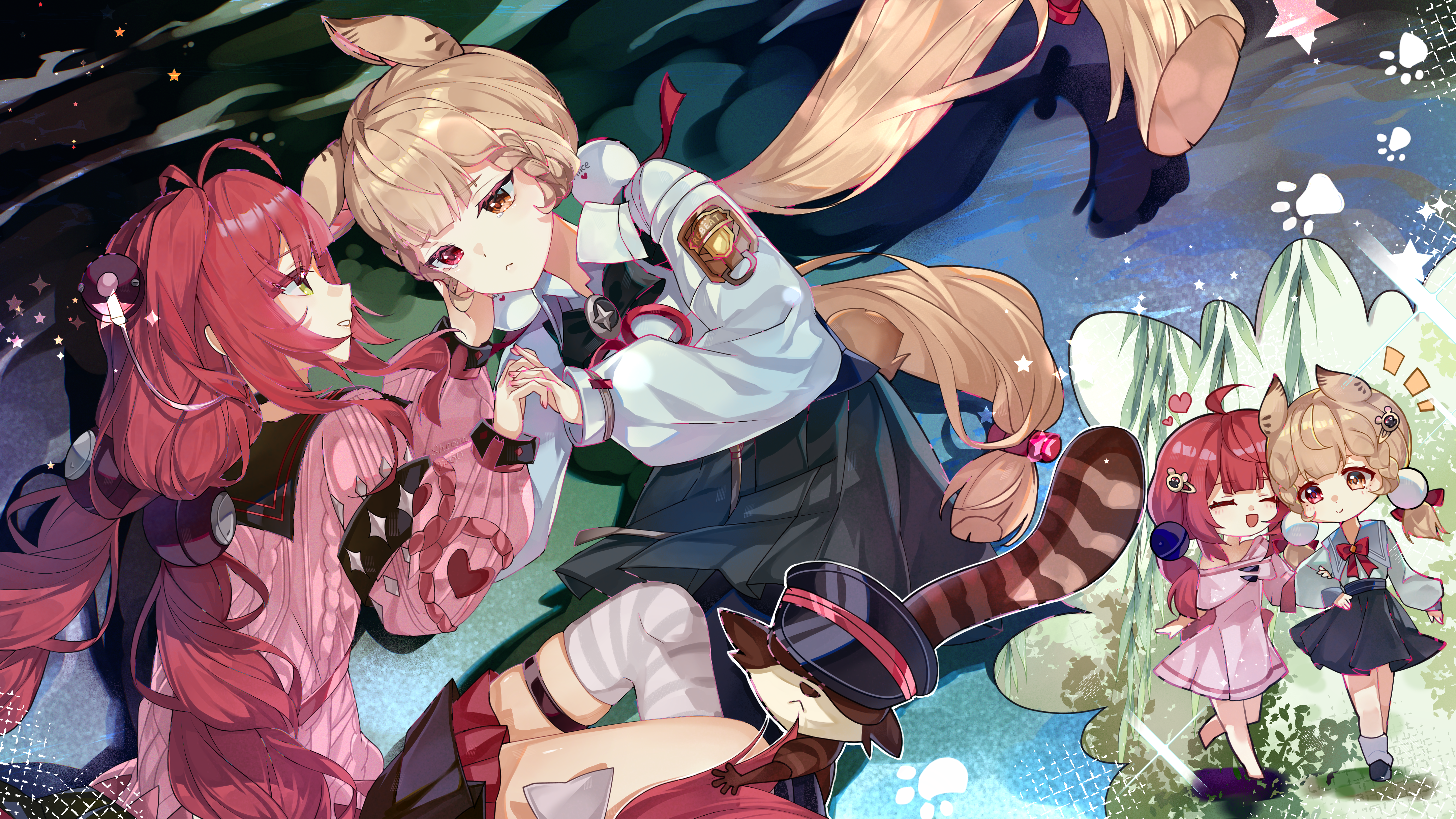 zhui ming jin ge, alice thymefield, kamanosuke (zenless zone zero), ukinami yuzuha, zenless zone zero, braided twintails, absurdres, highres, 2girls, aged down, animal ears, black pantyhose, black sailor collar, black skirt, blonde hair, braid, cardigan, closed eyes, closed mouth, collared shirt, green eyes, green skirt, hair ornament, heterochromia, interlocked fingers, long hair, long sleeves, looking at another, low twintails, lying, multiple girls, multiple views, on side, open mouth, pantyhose, parted lips, pink cardigan, rabbit ears, rabbit girl, raccoon, red eyes, red hair, sailor collar, shirt, single thighhigh, skirt, smile, striped clothes, striped thighhighs, thigh strap, thighhighs, twintails, very long hair, white shirt, yellow eyes