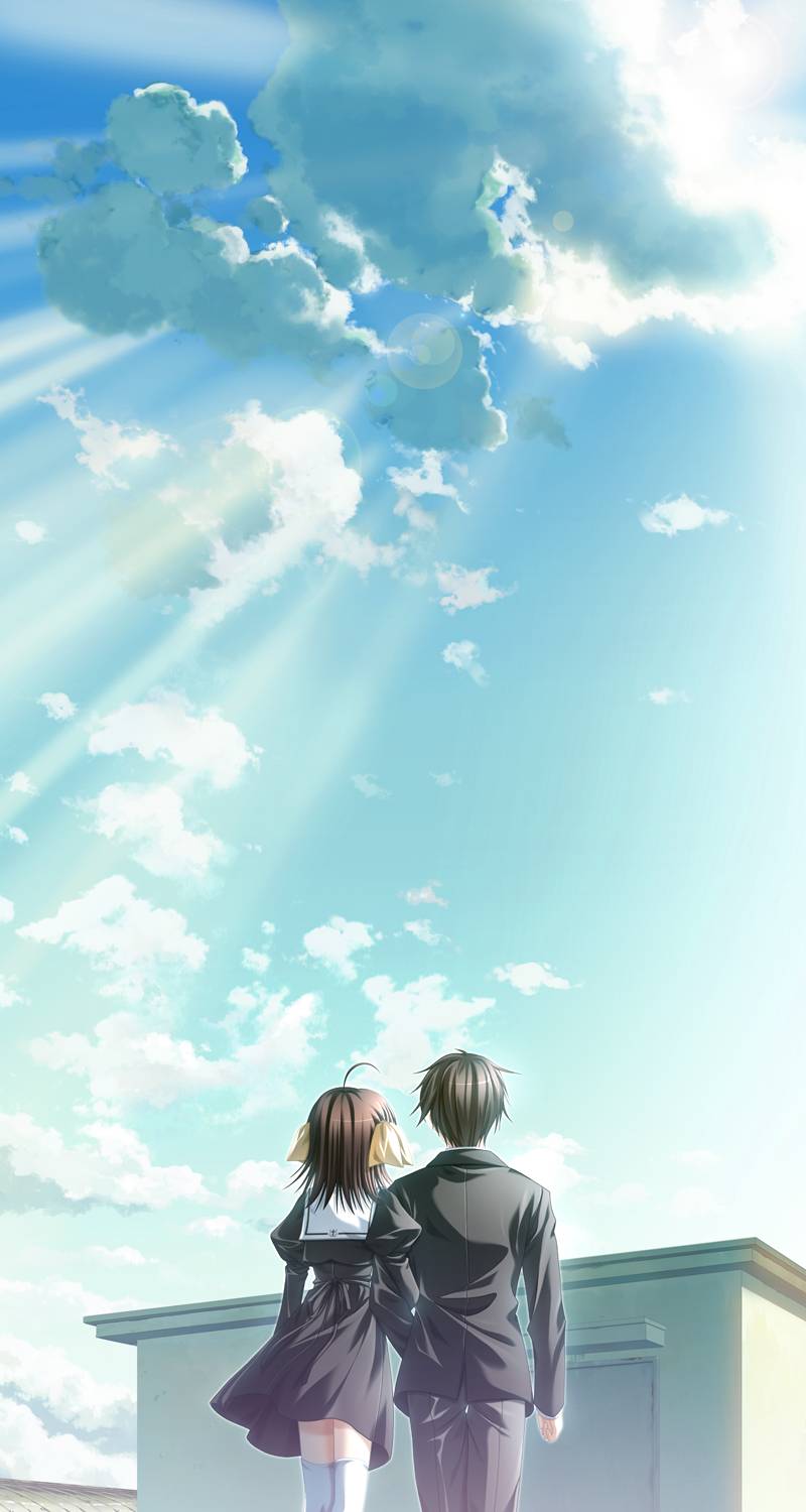 nanao naru, hirono hiro, miyamura miyako, ef (visual novel), highres, scan, 00s, 1boy, 1girl, brown hair, cloud, couple, day, hetero, ribbon, school uniform, sky, thighhighs