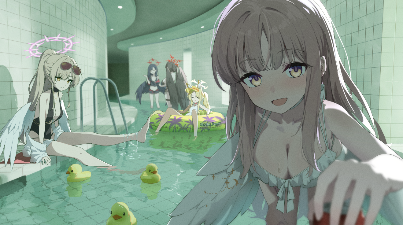 millet pepper, hasumi (blue archive), hasumi (swimsuit) (blue archive), ichika (blue archive), ichika (swimsuit) (blue archive), mika (blue archive), mika (swimsuit) (blue archive), nagisa (blue archive), nagisa (swimsuit) (blue archive), seia (blue archive), seia (swimsuit) (blue archive), blue archive, commentary request, 5girls, animal ears, aviator sunglasses, bikini, black bikini, black hair, black wings, blonde hair, blush, breasts, brown-tinted eyewear, brown eyes, brown hair, choker, cleavage, cross halo, feathered wings, fox ears, fox girl, frilled bikini, frills, hair intakes, halo, jacket, large breasts, liminal space, long hair, looking at viewer, low wings, medium breasts, multiple girls, official alternate costume, official alternate hairstyle, on innertube, one-piece swimsuit, open mouth, pink hair, pink halo, pool, pool ladder, red halo, rubber duck, sitting, smile, solo focus, sunglasses, swimsuit, tea party (blue archive), tinted eyewear, visor cap, white bikini, white choker, white one-piece swimsuit, white wings, wings, yellow eyes, yellow halo, yellow jacket, yellow visor