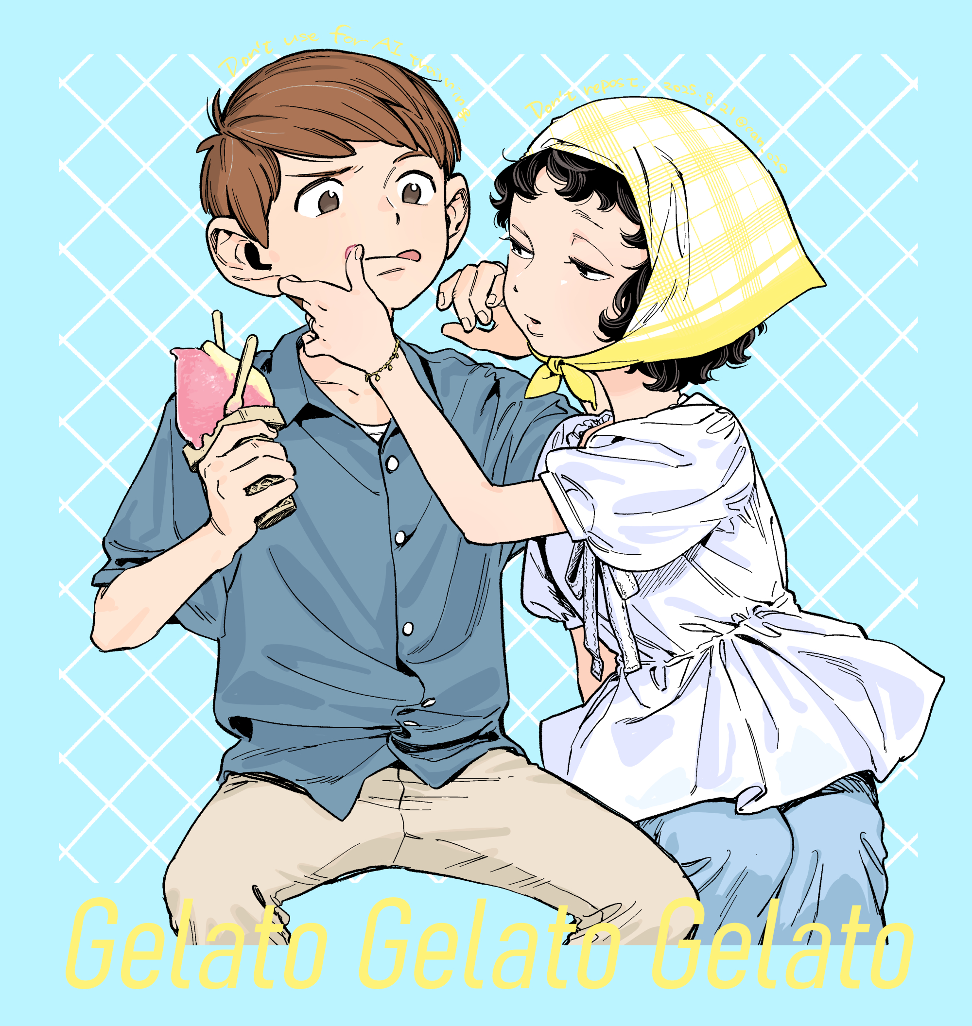 can o29, chilchuck's wife, chilchuck tims, dungeon meshi, commentary request, highres, 1boy, 1girl, black hair, blue background, bracelet, brown eyes, brown hair, collared shirt, eating, english text, food, food on face, headscarf, holding, holding food, holding ice cream, ice cream, ice cream cone, invisible chair, jewelry, pants, shirt, short hair, short sleeves, sitting, tongue, tongue out, wiping face