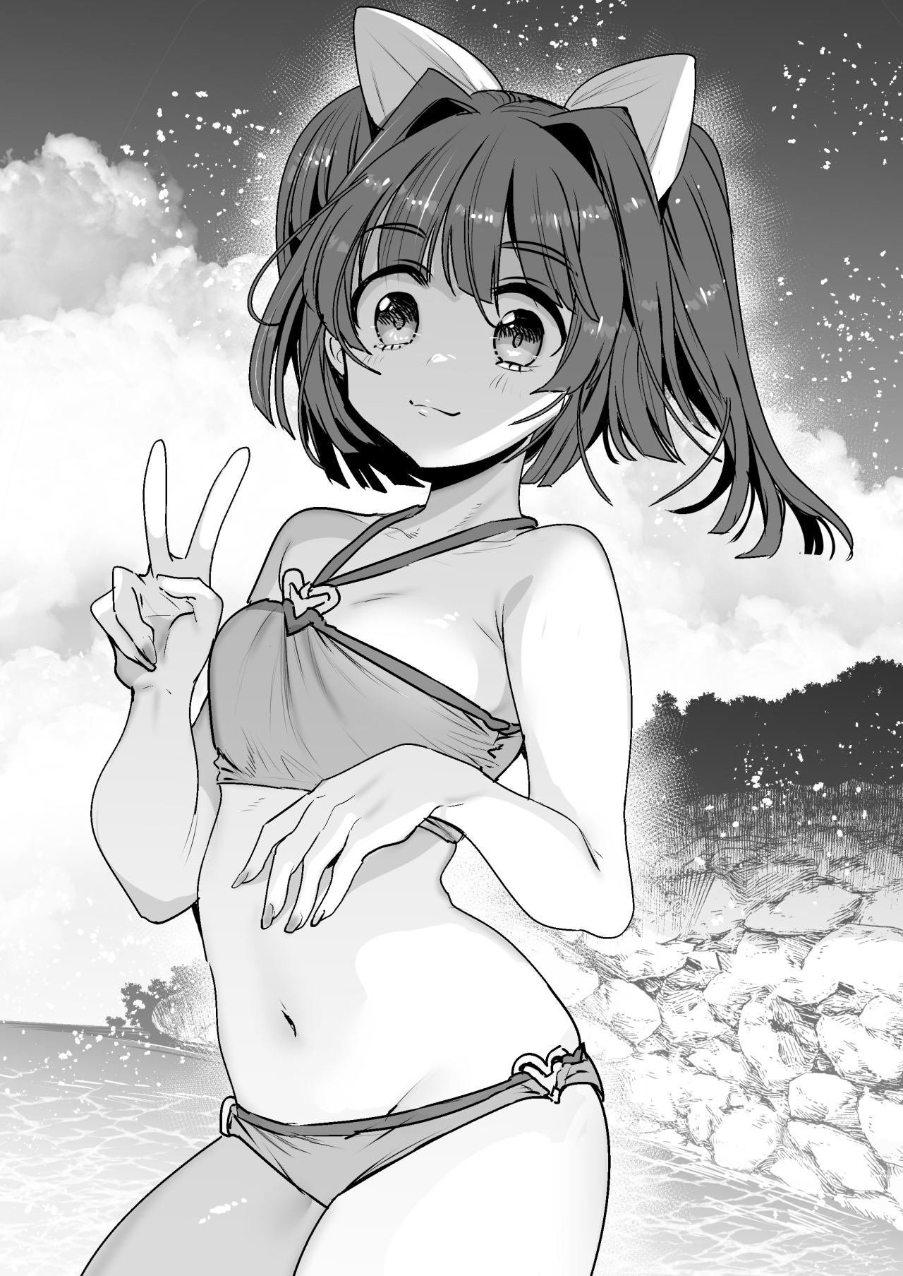 nakasone haiji, character request, commentary request, copyright request, highres, 1girl, bikini, bow, closed mouth, cloud, cowboy shot, greyscale, hair bow, hair intakes, hand up, heart, heart o-ring, looking at viewer, monochrome, navel, o-ring, o-ring bikini, ocean, outdoors, shore, short hair, sky, solo, standing, stomach, swimsuit, two side up, v, wispy bangs