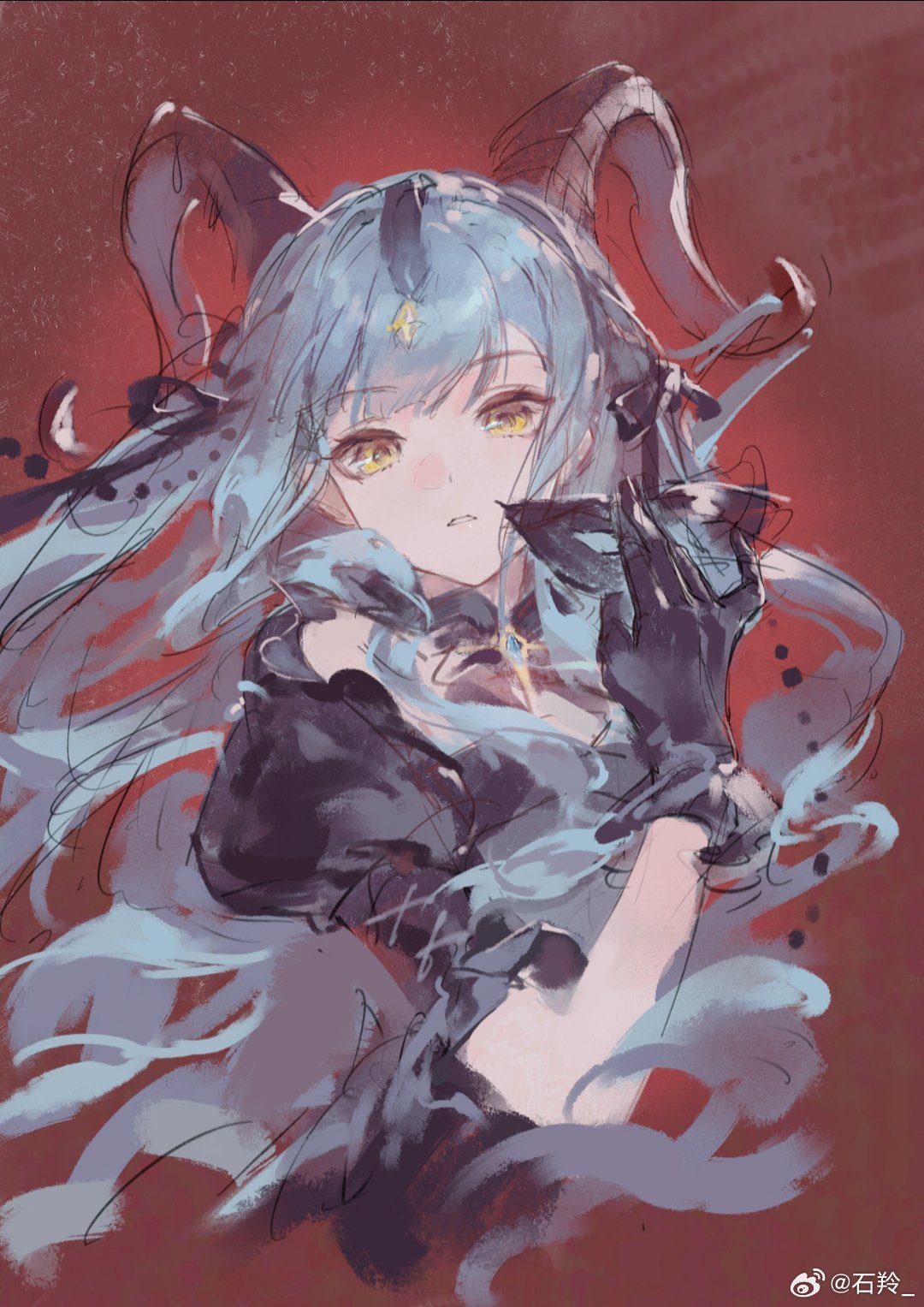 shiling, togawa sakiko, arknights, bang dream!, bang dream! it's mygo!!!!!, chinese commentary, commentary request, highres, 1girl, black horns, blue hair, curled horns, eye mask, hand up, holding, holding mask, horns, long hair, looking at viewer, mask, official alternate costume, parted lips, puffy short sleeves, puffy sleeves, red background, short sleeves, sidelocks, solo, togawa sakiko (master of melodia), upper body, watermark, weibo watermark, yellow eyes