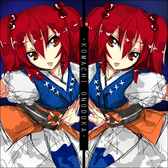 shingetsu takehito, onozuka komachi, touhou, 1girl, :p, character name, female focus, hair between eyes, hair bobbles, hair ornament, red eyes, red hair, sketch, symmetry, tongue, tongue out, twintails