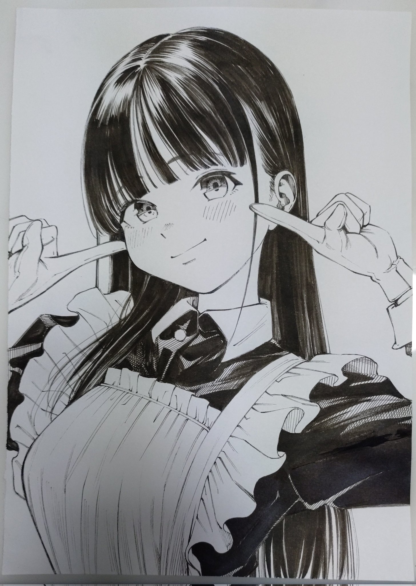 gagaimo, original, commentary request, highres, photo (medium), traditional media, 1girl, apron, closed mouth, dress, frilled apron, frills, gloves, greyscale, hands up, index finger raised, long hair, looking at viewer, maid, maid apron, monochrome, pointing, pointing at self, smile, solo, upper body, wispy bangs