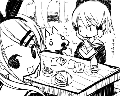 kiira, original, lowres, 2girls, food, greyscale, monochrome, multiple girls