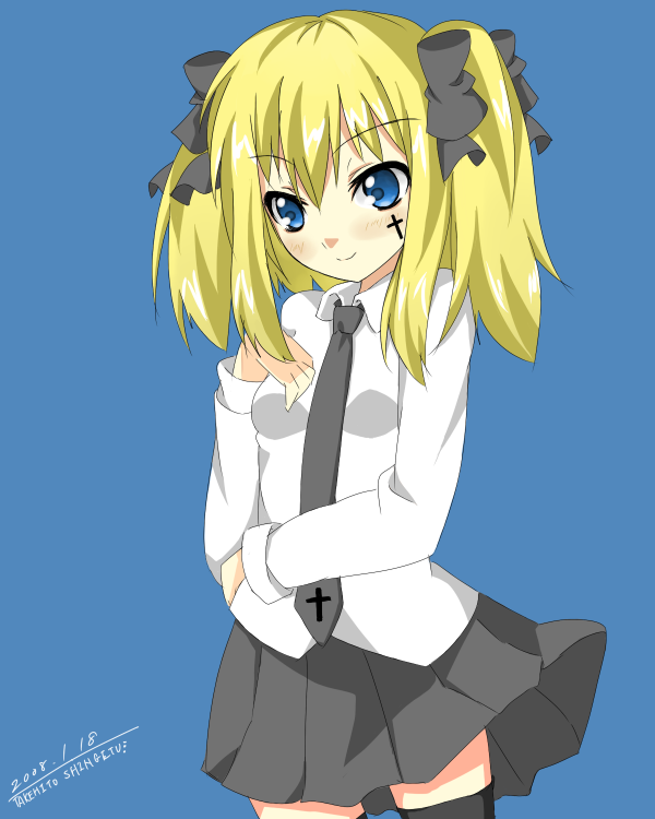 shingetsu takehito, original, tagme, 1girl, blonde hair, blue eyes, female focus, necktie, signature, skirt, smile, solo, thighhighs, twintails, zettai ryouiki