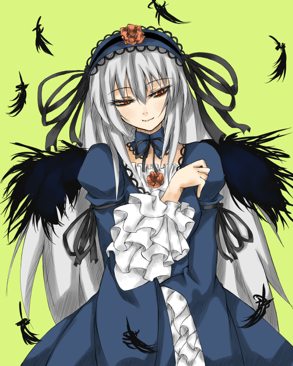 shingetsu takehito, suigintou, rozen maiden, silver hair, 00s, 1girl, black dress, black wings, brooch, dress, feathers, female focus, frilled sleeves, frills, gem, hairband, jewelry, lolita hairband, long hair, long sleeves, looking at viewer, pink eyes, simple background, solo, very long hair, wings, yellow background