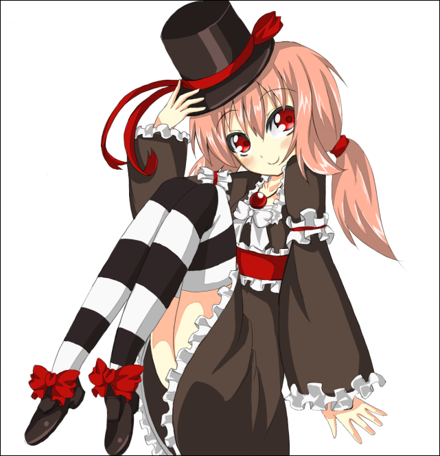 shingetsu takehito, tagme, hat, solo, striped clothes, striped thighhighs, thighhighs, twintails