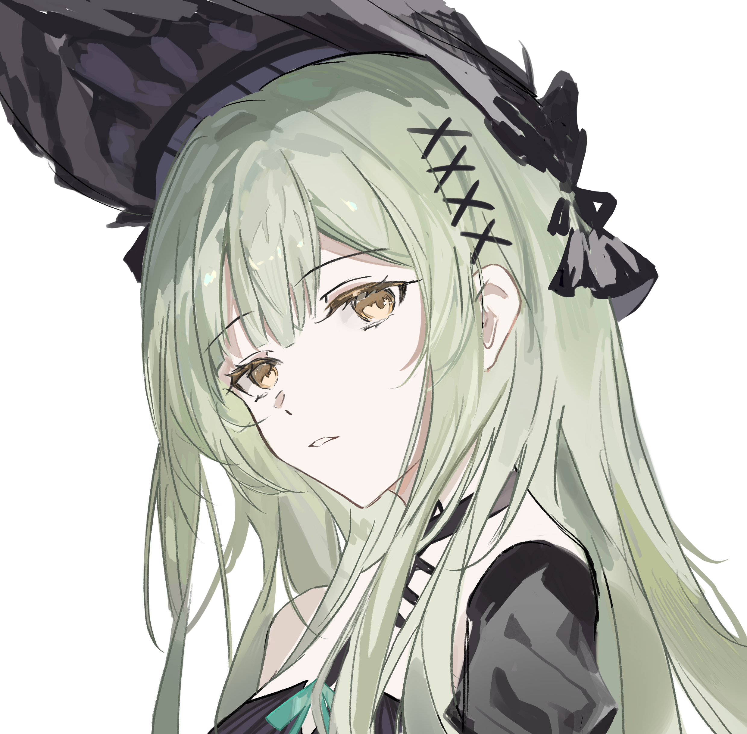 wakaba mutsumi, arknights, bang dream!, bang dream! it's mygo!!!!!, absurdres, chinese commentary, commentary request, highres, 1girl, black bonnet, bonnet, expressionless, green hair, hair ornament, lai wan yuan tun, lolita fashion, long hair, looking at viewer, parted lips, simple background, solo, upper body, wakaba mutsumi (marionette's id), white background, x hair ornament, yellow eyes
