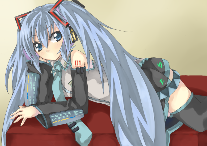 shingetsu takehito, hatsune miku, vocaloid, 1girl, aqua hair, blue eyes, detached sleeves, dress shirt, female focus, headset, long hair, necktie, pleated skirt, shirt, skirt, solo, thighhighs, twintails