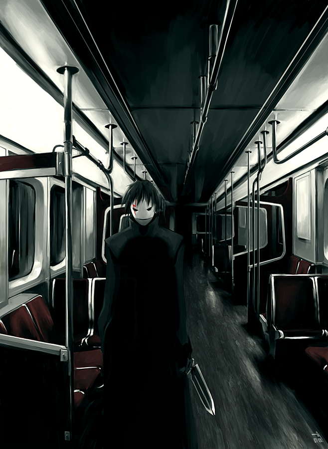 archlich, hei (darker than black), darker than black, bad deviantart id, bad id, 00s, 1boy, knife, male focus, mask, solo, subway, train, train interior, vanishing point