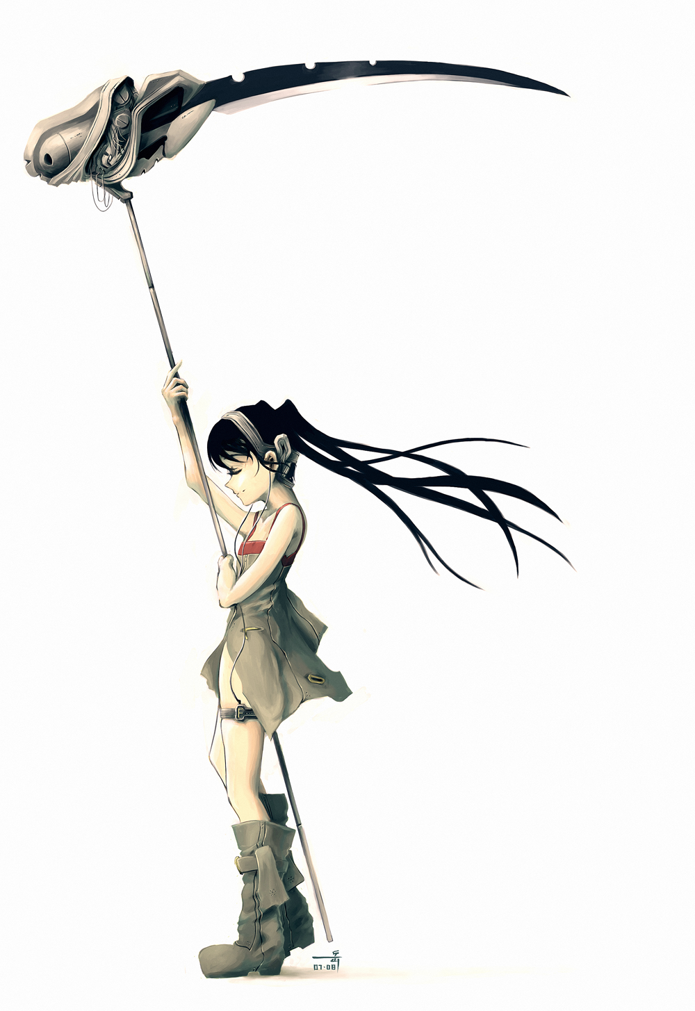 archlich, original, bad deviantart id, bad id, highres, black hair, boots, headphones, scythe, solo