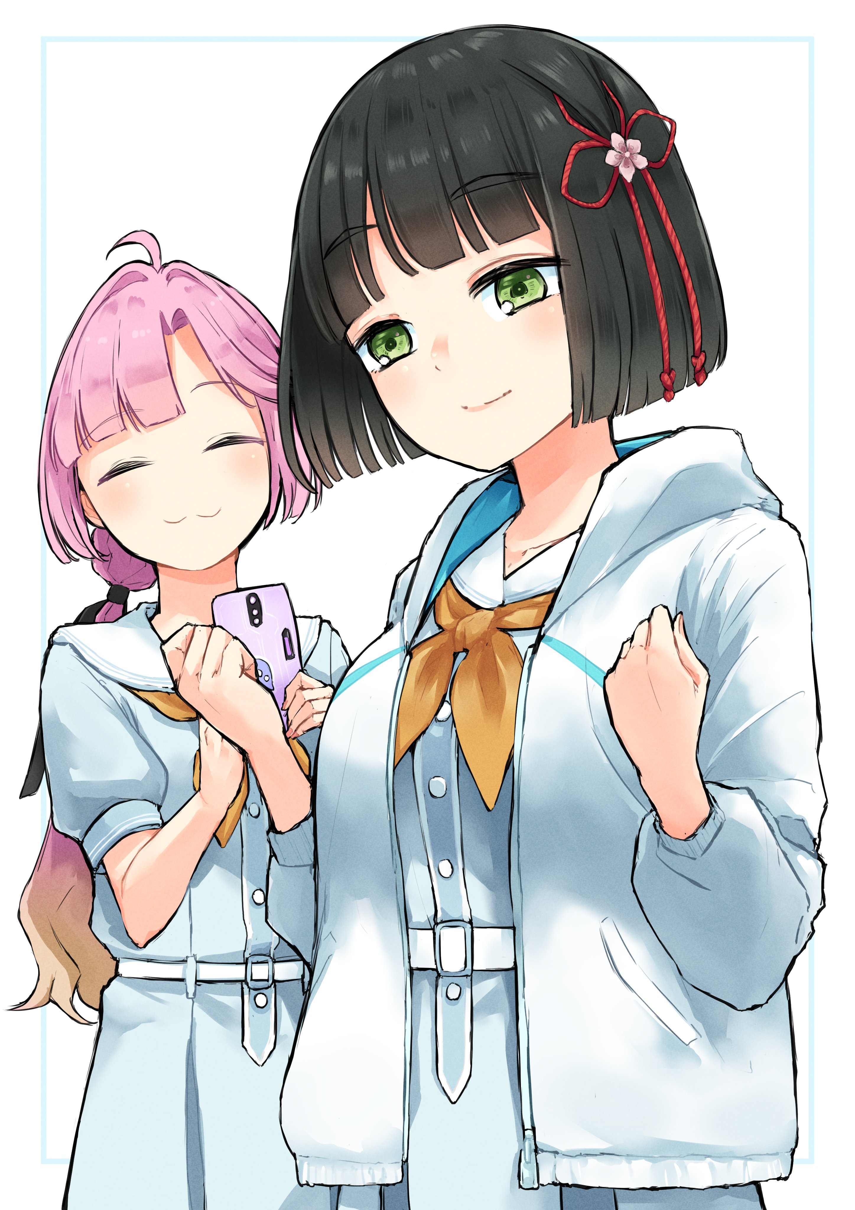 mendo (mend0o0 ), anyoji hime, momose ginko, link! like! love live!, love live!, absurdres, bad id, bad twitter id, commentary, highres, symbol-only commentary, 2girls, :3, ^ ^, ahoge, black hair, black ribbon, blunt bangs, blunt ends, bob cut, borrowed clothes, closed eyes, closed mouth, cowboy shot, dress, flower, flower knot, green eyes, hair flower, hair ornament, hair ribbon, hasu no sora school uniform, holding, holding phone, hood, hooded jacket, jacket, long hair, multi-tied hair, multiple girls, neckerchief, phone, pink flower, pleated dress, ponytail, ribbon, sailor collar, sailor dress, school uniform, short hair, simple background, smelling, smelling clothes, smile, split mouth, summer uniform, three-quarter sleeves, virtual youtuber, white background, white jacket, white sailor collar, yellow neckerchief