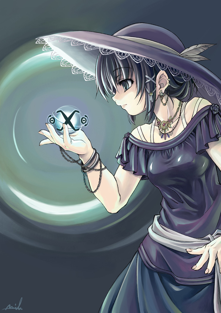 mil (xration), bare shoulders, black eyes, black hair, chain, dress, earrings, feathers, hat, jewelry, magic, necklace