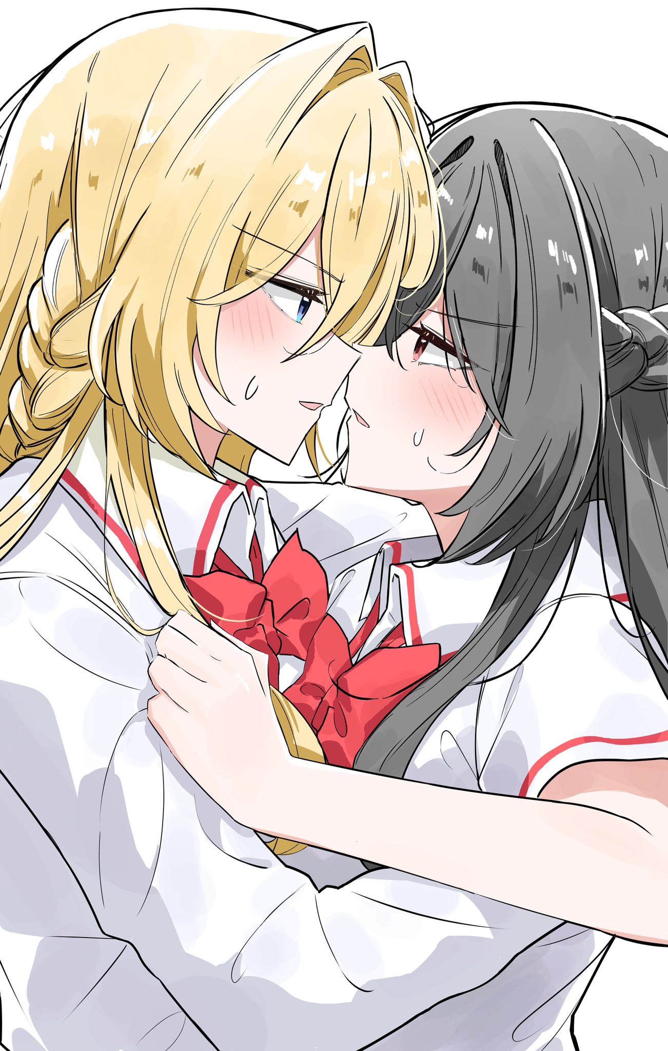 koto satsuki, ouzuka mai, watashi ga koibito ni nareru wake naijan murimuri!, highres, 2girls, ashigaya high school uniform, black hair, blonde hair, blue eyes, blush, bow, bowtie, braid, half up braid, hug, imminent kiss, jay jay1519, long hair, long sleeves, multiple girls, open mouth, red bow, red bowtie, red eyes, school uniform, shirt, short sleeves, sweat, white background, white shirt, yuri