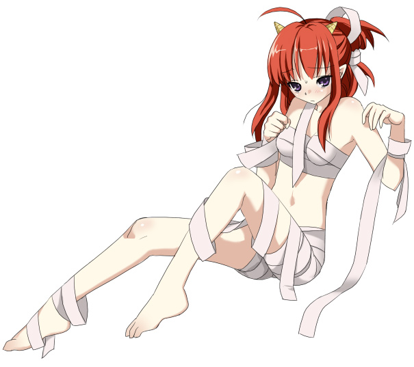 bandages, blush, horns, midriff, purple eyes, red hair, sarashi, sitting, solo