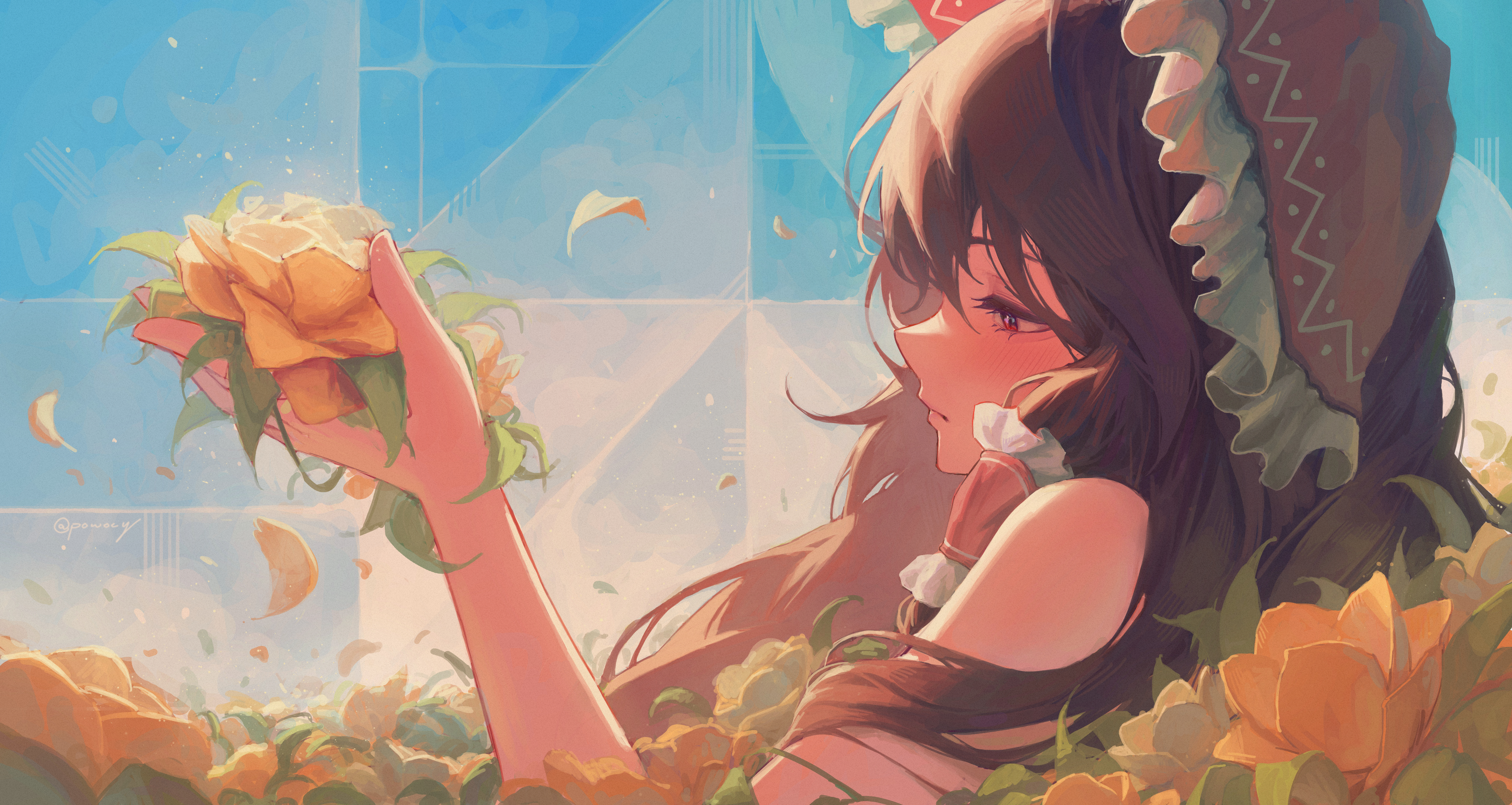 powocy, hakurei reimu, touhou, absurdres, commentary, highres, 1girl, artist name, blue sky, bow, brown hair, closed mouth, expressionless, falling petals, field, flower, flower field, frilled bow, frilled hair tubes, frills, from side, hair bow, hair tubes, half-closed eyes, hand up, holding, holding flower, long hair, looking at flowers, outdoors, petals, profile, red bow, red eyes, sky, solo, upper body, white flower, yellow flower