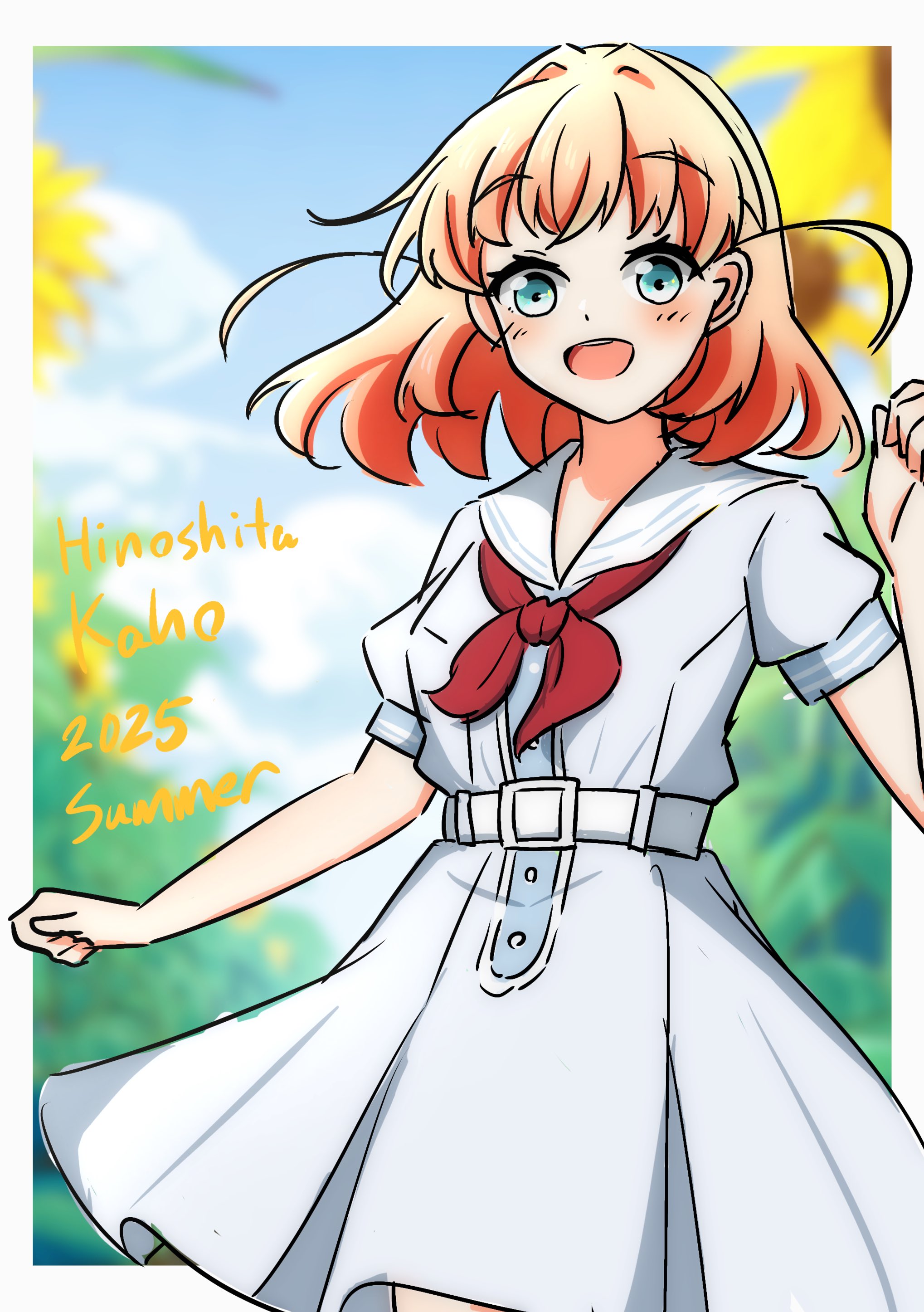 daime (hyahhaa10), hinoshita kaho, link! like! love live!, love live!, absurdres, commentary, highres, 1girl, 2025, :d, blurry, blurry background, border, character name, cowboy shot, dress, hair intakes, hasu no sora school uniform, looking at viewer, medium dress, medium hair, neckerchief, open mouth, orange hair, outside border, pleated dress, red neckerchief, sailor collar, sailor dress, school uniform, short sleeves, smile, solo, standing, summer uniform, teeth, two side up, upper teeth only, virtual youtuber, white border, white dress, white sailor collar