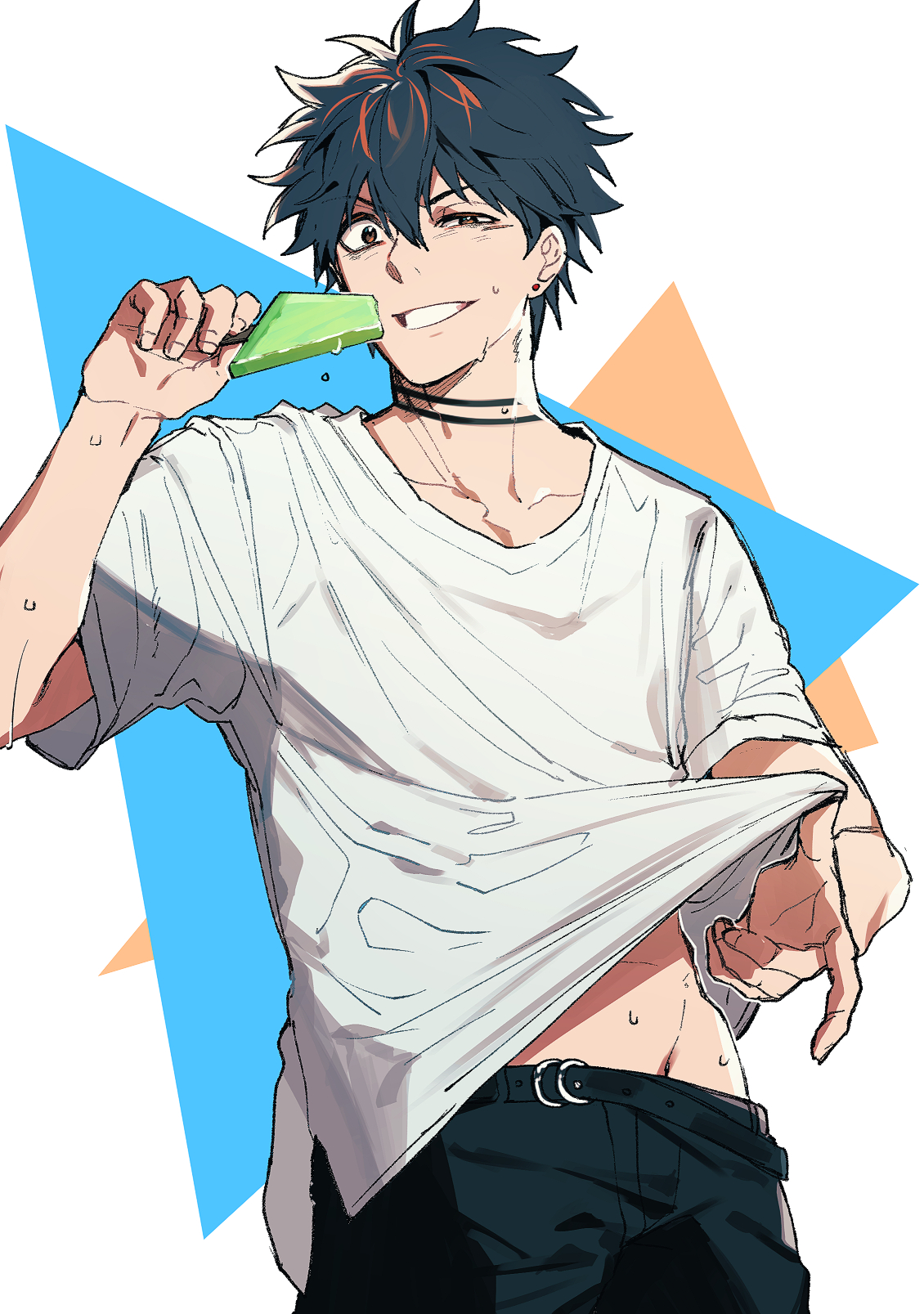 highres, 1boy, belt, black belt, black hair, black pants, brown eyes, clothes lift, collarbone, cowboy shot, earrings, hair between eyes, half-closed eye, hot, ice cream bar, jewelry, jinrui kyuusai game, lifting own clothes, looking at viewer, male focus, neck tattoo, pants, shirt, shirt lift, short hair, short sleeves, simple background, smile, solo, sweat, syundou doppo, tattoo, tsunamune touka, white shirt