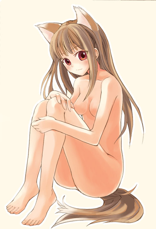 otabe sakura, holo, spice and wolf, 00s, 1girl, animal ears, barefoot, brown hair, feet, female focus, hand on own knee, long hair, nude, red eyes, sitting, solo, tail, wolf ears, wolf tail
