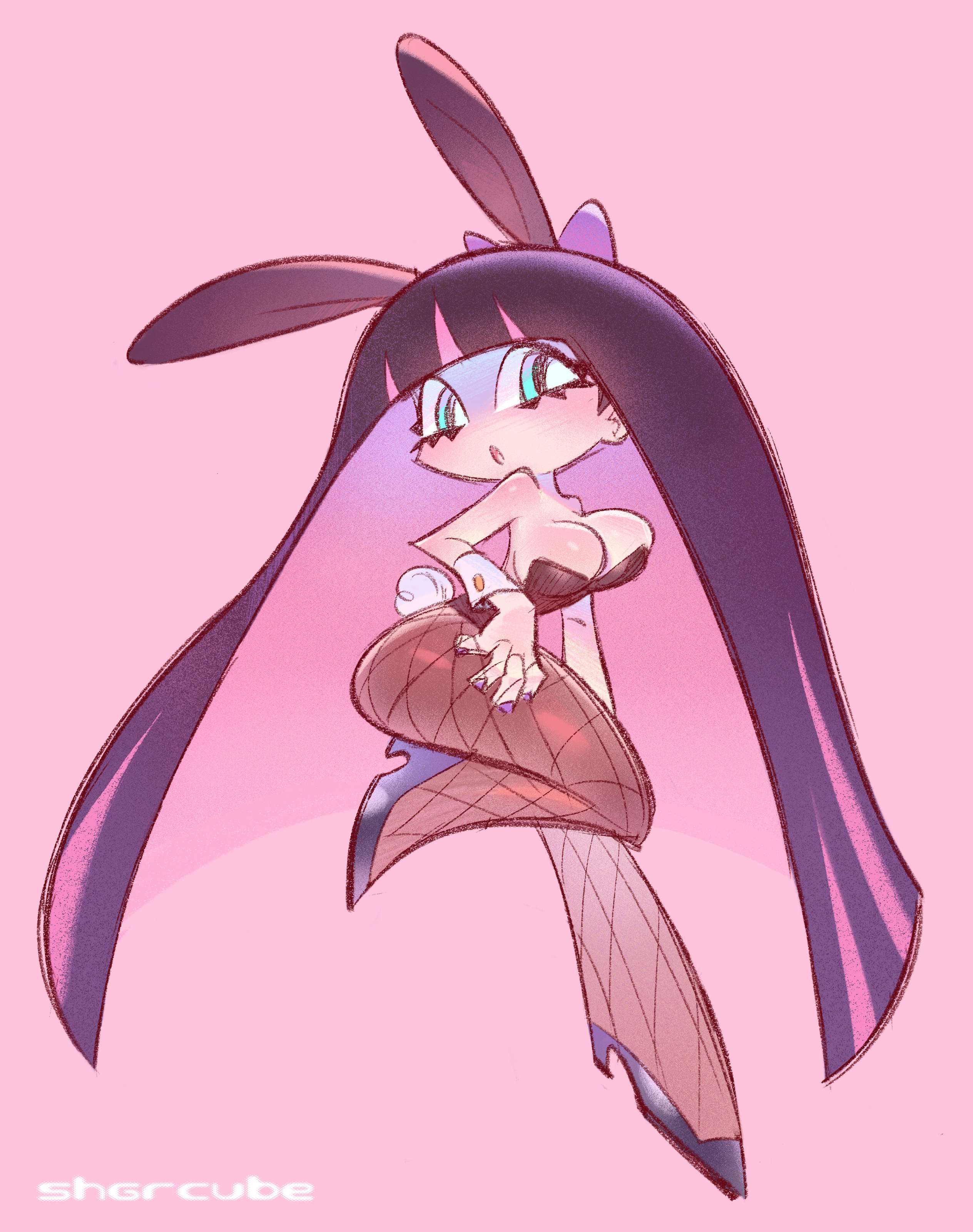 stocking (psg), panty & stocking with garterbelt, fishnet legwear, 1girl, animal ears, bow, bow choker, breasts, choker, cleavage, fishnets, high heels, leotard, multicolored hair, playboy bunny