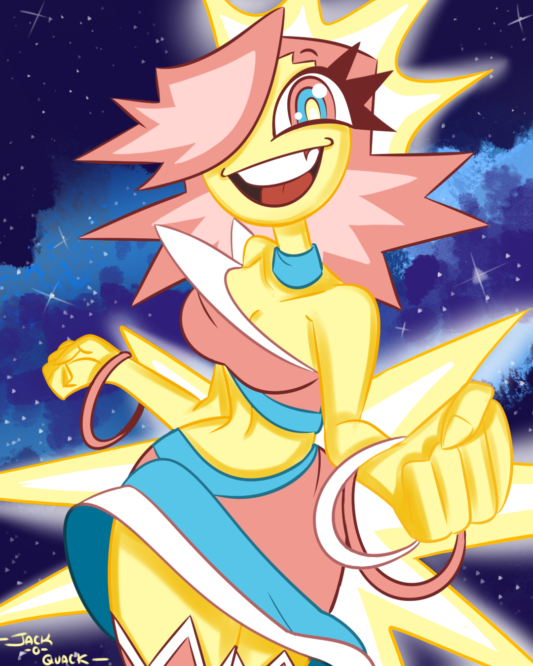 gooseworx, 1girl, breasts, cleavage, colored skin, hair over one eye, multicolored eyes, pink hair, skirt, supernova (star), supernova shakedown, thighhighs, yellow skin