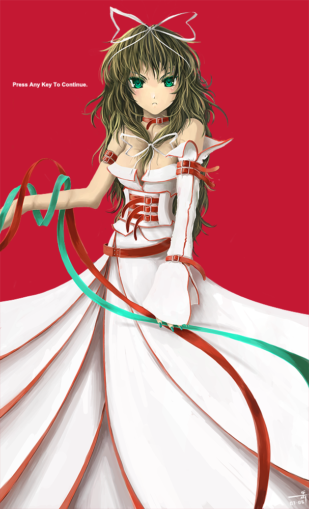archlich, original, bad deviantart id, bad id, 1girl, brown hair, female focus, green eyes, looking at viewer, red background, simple background, solo