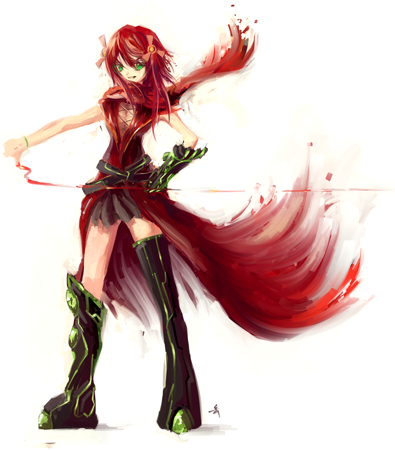 archlich, original, 1girl, female focus, green eyes, red hair, solo, thighhighs