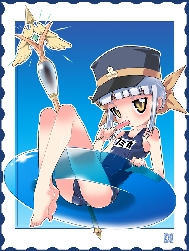 mudou eichi, fumika, kanaka, shigofumi, silver hair, 00s, 1girl, barefoot, female focus, food, hat, one-piece swimsuit, popsicle, school swimsuit, shako cap, solo, staff, swimsuit, yellow eyes