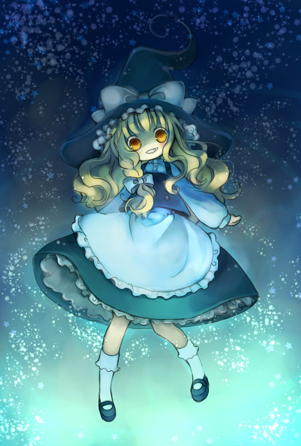 komeko meko (mecolate), kirisame marisa, touhou, bad id, bad pixiv id, 1girl, apron, blonde hair, bow, braid, female focus, floating, full body, gradient background, grin, hair bow, hat, long hair, mary janes, night, orange eyes, petticoat, shoes, side braid, skirt, smile, socks, solo, star (symbol), wavy hair, white socks, witch, witch hat, yellow eyes