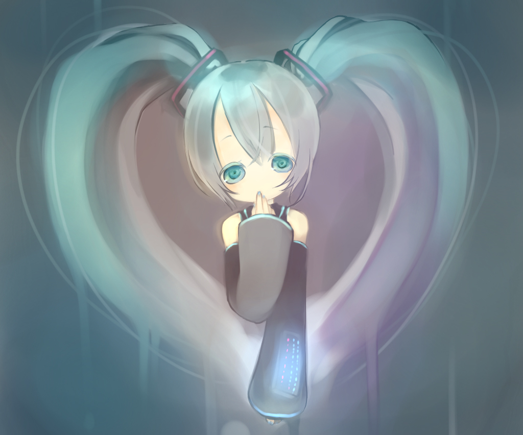 komeko meko (mecolate), hatsune miku, vocaloid, bad id, bad pixiv id, 1girl, aqua eyes, aqua hair, detached sleeves, female focus, finger to mouth, heart, long hair, solo, twintails