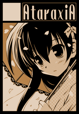 tsuchiyama niu, original, lowres, 1girl, black border, border, circle cut, female focus, monochrome, petals, sepia, solo, umbrella