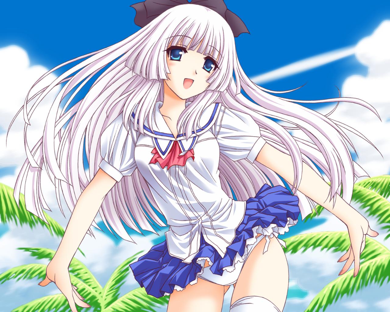 game cg, blue eyes, hair ribbon, long hair, palm tree, panties, pantyshot, ribbon, school uniform, serafuku, side-tie panties, smile, solo, thighhighs, tree, underwear