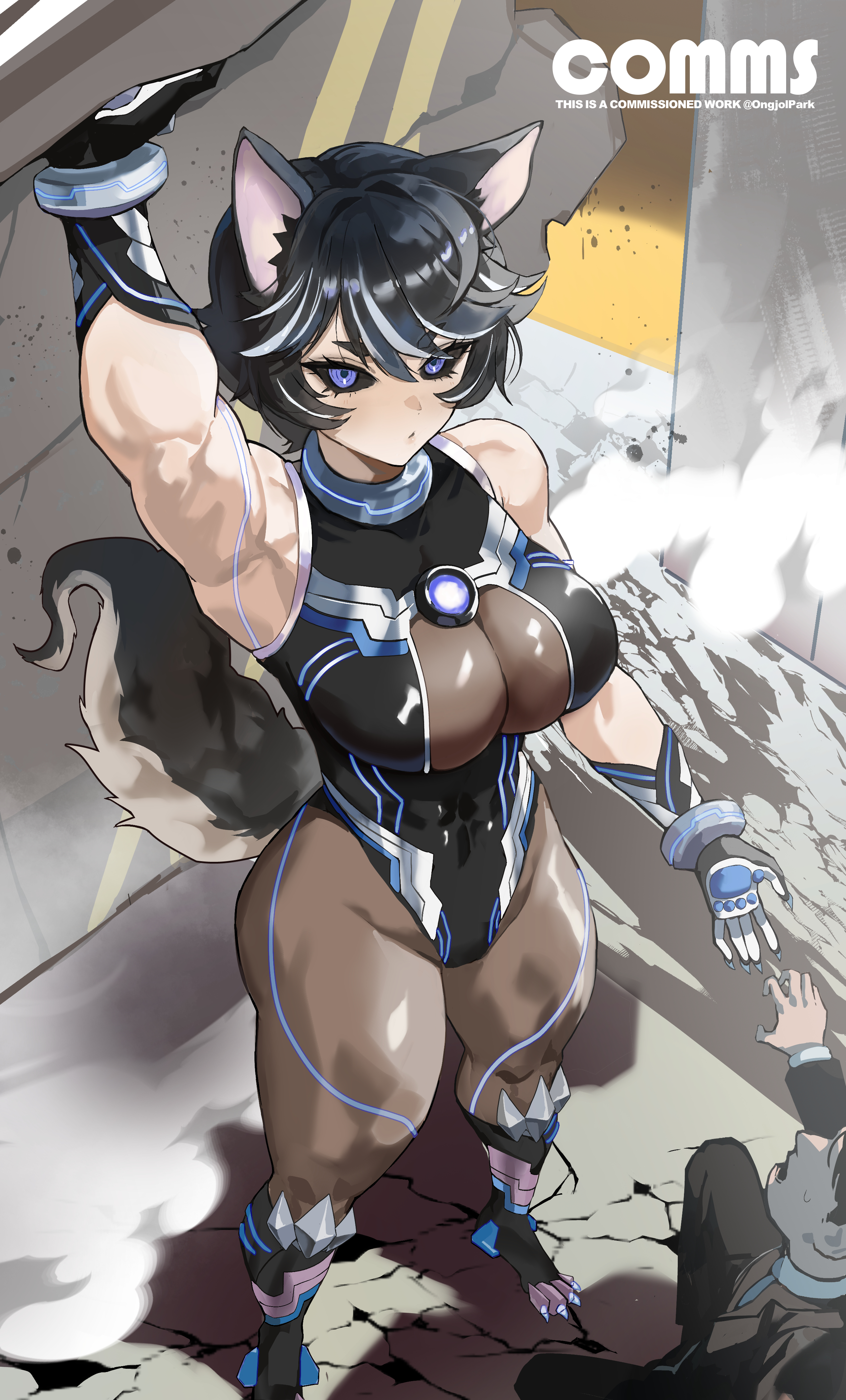 park ongjol, aria (crystalplanet00), original, absurdres, commentary, commission, english commentary, highres, 1boy, 1girl, abs, animal ears, animal hands, arm up, armpits, bare shoulders, black hair, black leotard, black pants, black sclera, black tail, blue eyes, breasts, colored sclera, dog ears, dog girl, dog tail, large breasts, leotard, multicolored hair, pants, short hair, streaked hair, tail