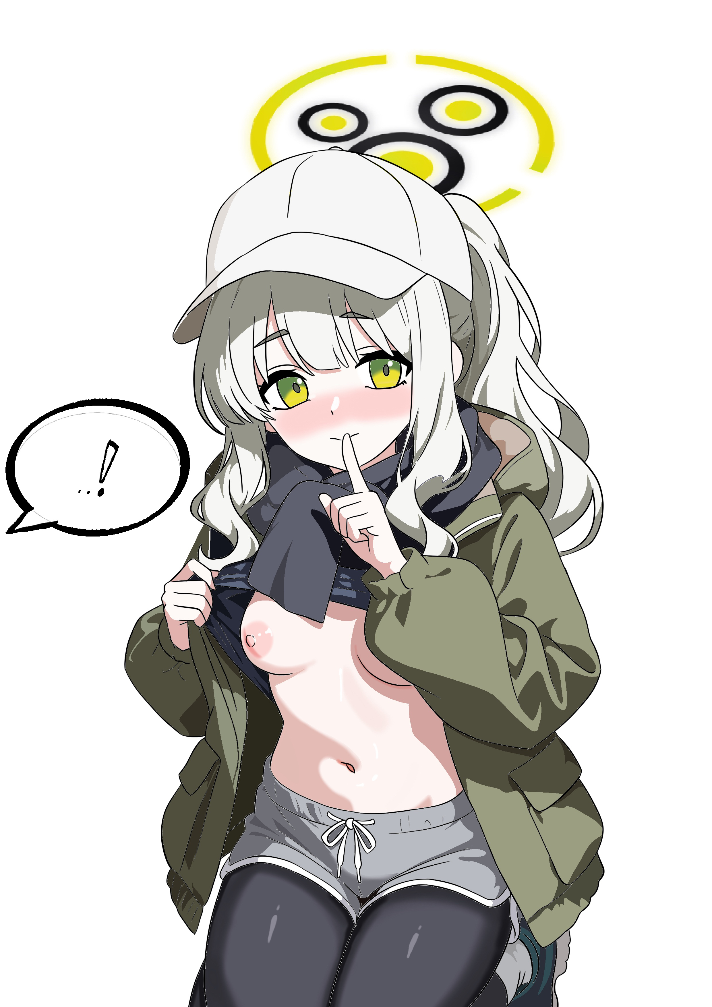 gubee, hare (blue archive), hare (camp) (blue archive), blue archive, absurdres, commentary, highres, !, 1girl, black pantyhose, black scarf, black shirt, blunt bangs, blush, breasts, breasts apart, closed mouth, clothes pull, coat, dolphin shorts, finger to mouth, green coat, green eyes, grey shorts, halo, hands up, hat, hood, hood down, hooded coat, index finger raised, kneeling, knees out of frame, long sleeves, looking at viewer, nipples, no bra, nose blush, official alternate costume, open clothes, open coat, pantyhose, peaked cap, ponytail, puffy long sleeves, puffy sleeves, pulling own clothes, scarf, shirt, shirt pull, shorts, shushing, sidelocks, simple background, small breasts, smile, solo, speech bubble, spoken exclamation mark, thick eyebrows, wavy hair, white background, white hair, white hat, yellow halo