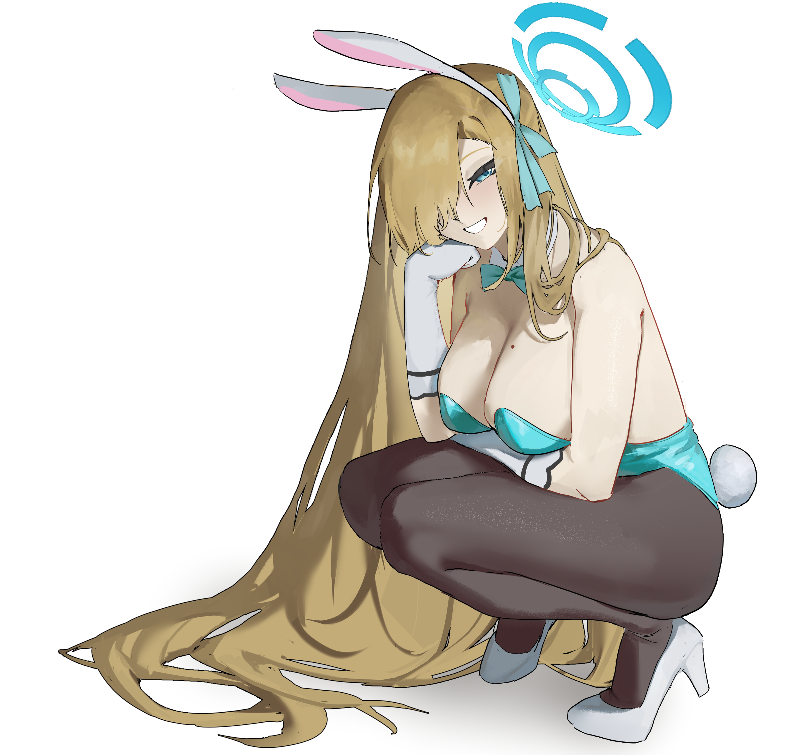 05ghxsu, asuna (blue archive), asuna (bunny) (blue archive), blue archive, absurdres, highres, animal ears, bare shoulders, blue bow, blue bowtie, blue eyes, blue halo, blue leotard, blush, bow, bowtie, breasts, cleavage, detached collar, fake animal ears, fake tail, grin, hair over one eye, halo, hand on own chin, head rest, high heels, large breasts, leotard, long hair, looking at viewer, mole, mole on breast, pantyhose, playboy bunny, rabbit ears, rabbit tail, shoes, smile, squatting, strapless, strapless leotard, tail, very long hair, white shoes