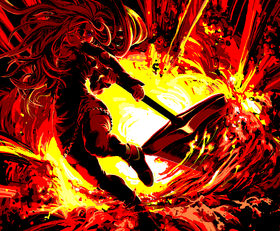 sanada-x, lesty, futaba channel, microsoft paint (medium), 1girl, explosion, female focus, fire, jaggy lines, long hair, oekaki, red theme, solo, sword, weapon