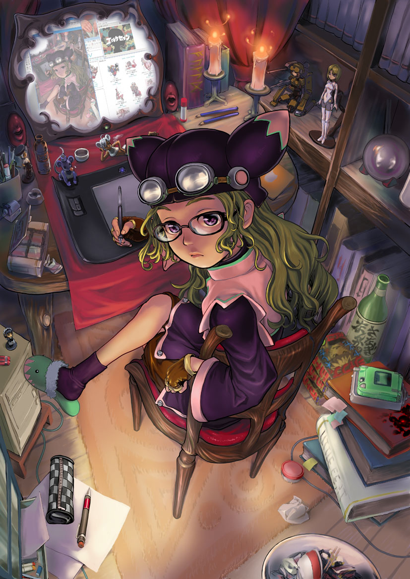 sanada-x, arnval, fort bragg, busou shinki, microsoft windows, original, windows xp, 10s, 1girl, blonde hair, drawing tablet, female focus, glasses, hat, purple eyes, recursion, slippers, solo