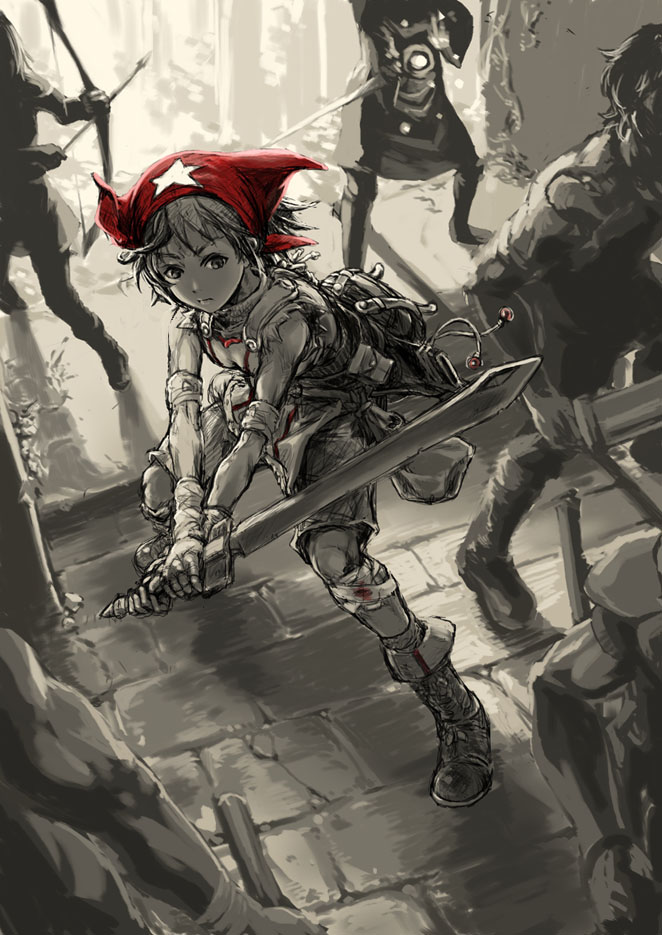 sanada-x, original, 1girl, armor, bandages, bandana, blood, boots, bow (weapon), crack, cracked floor, day, holding, holding bow (weapon), holding sword, holding weapon, kneehighs, monochrome, socks, solo focus, spot color, star (symbol), sword, torn clothes, torn sleeves, two-handed, weapon
