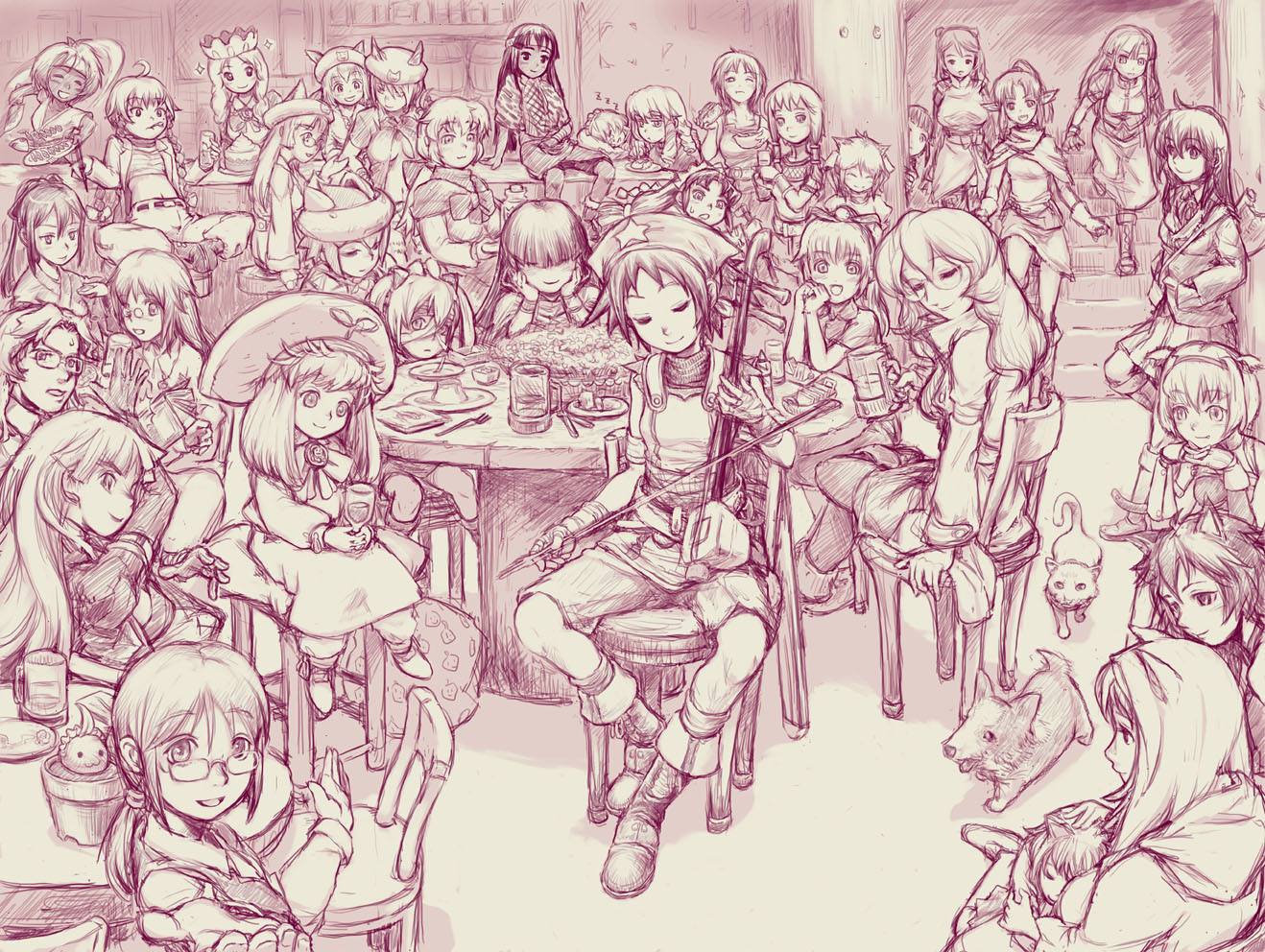 sanada-x, golden lore, 6+girls, bar (place), crowd, erhu, everyone, instrument, monochrome, multiple girls, purple theme, sketch