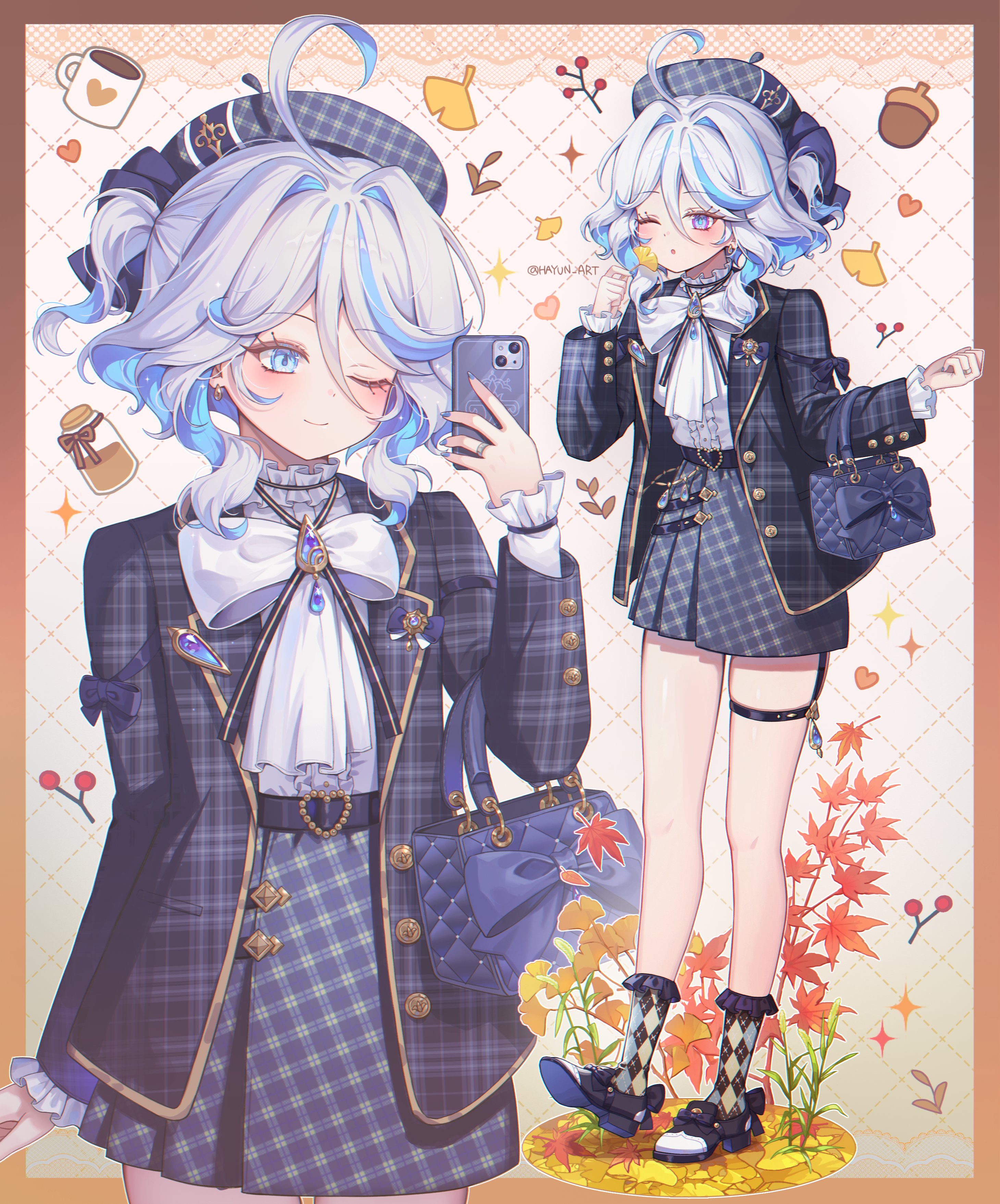 hayun, furina (genshin impact), genshin impact, absurdres, highres, 1girl, alternate costume, bag, belt, black belt, blue eyes, blue hair, blue shoes, closed mouth, drop-shaped pupils, full body, holding, holding phone, jacket, long sleeves, looking at phone, multiple views, one eye closed, open clothes, open jacket, phone, shirt, shoes, skirt, smile, socks, standing, symbol-shaped pupils, thigh strap, white hair