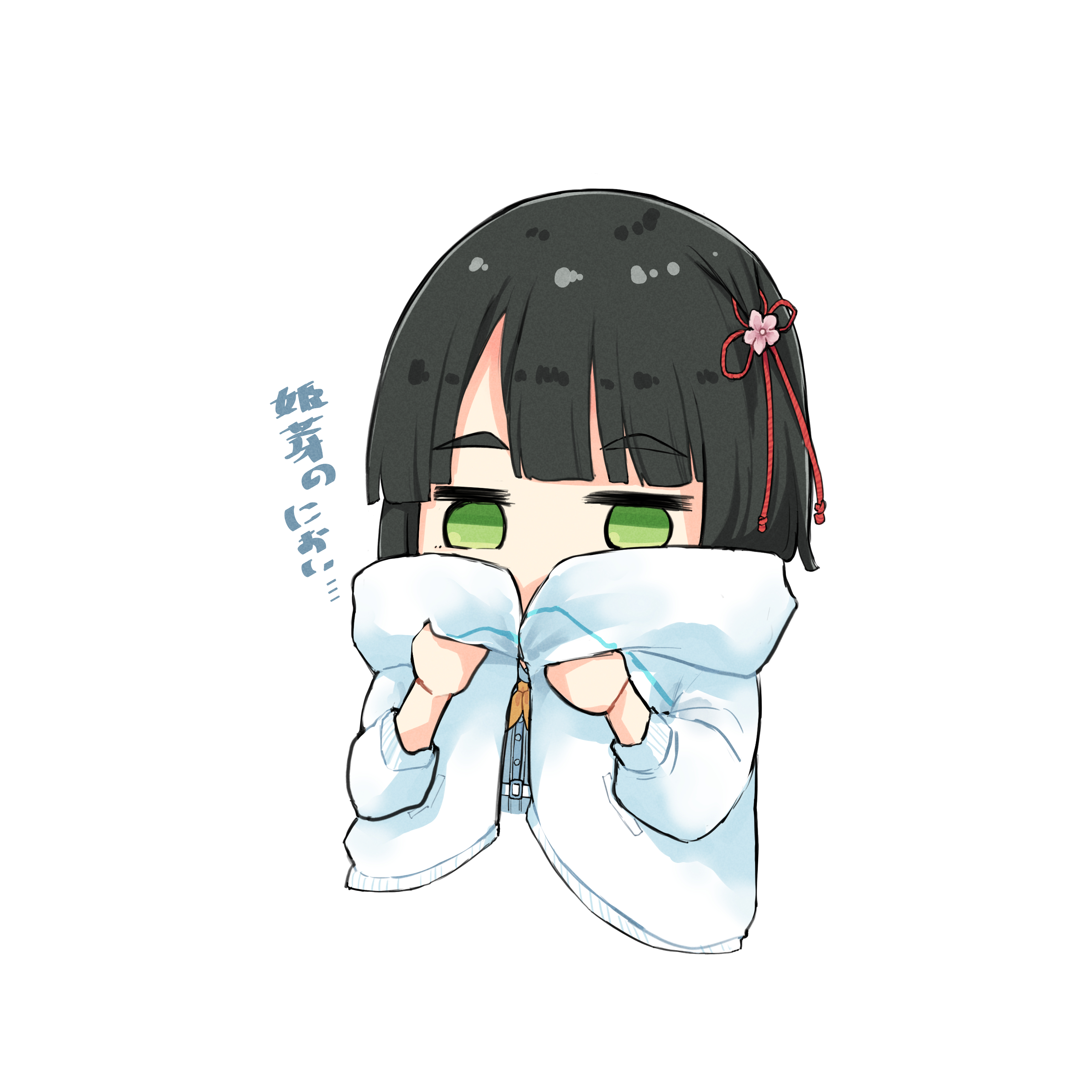 mendo (mend0o0 ), anyoji hime, momose ginko, link! like! love live!, love live!, absurdres, bad id, bad twitter id, commentary, highres, symbol-only commentary, translation request, 1girl, black hair, blunt bangs, blunt ends, borrowed clothes, flower, flower knot, green eyes, hair flower, hair ornament, hasu no sora school uniform, hood, hooded jacket, jacket, jitome, pink flower, school uniform, simple background, smelling, smelling clothes, summer uniform, virtual youtuber, white background, white jacket