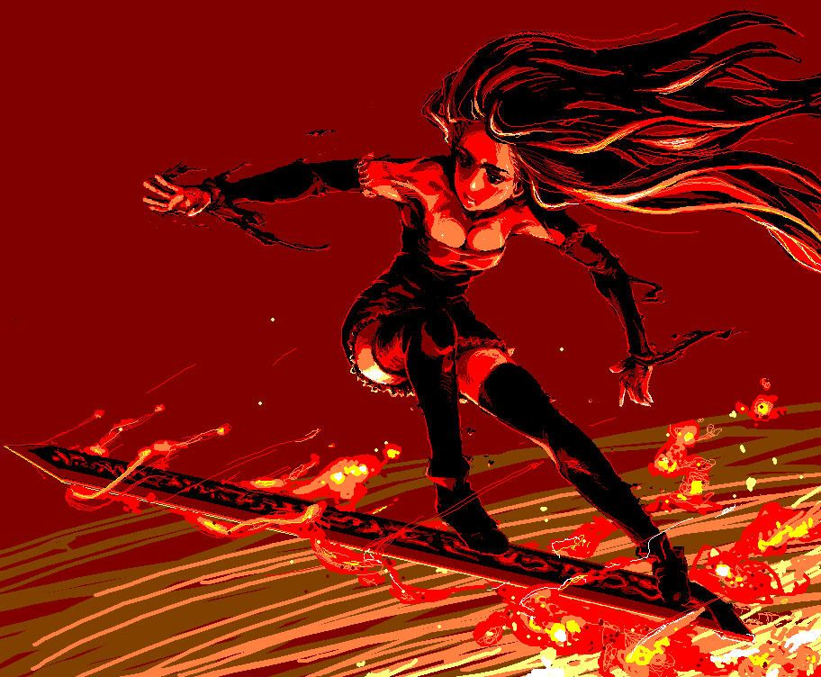 sanada-x, lesty, futaba channel, microsoft paint (medium), 1girl, breasts, cleavage, female focus, fire, jaggy lines, large breasts, long hair, oekaki, red theme, solo, sword, thighhighs, torn clothes, weapon, zettai ryouiki