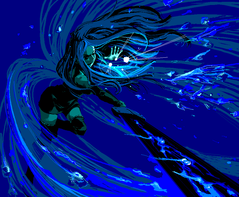sanada-x, rusty, futaba channel, microsoft paint (medium), 1girl, blue theme, female focus, jaggy lines, mspaint, solo, sword, thighhighs, weapon