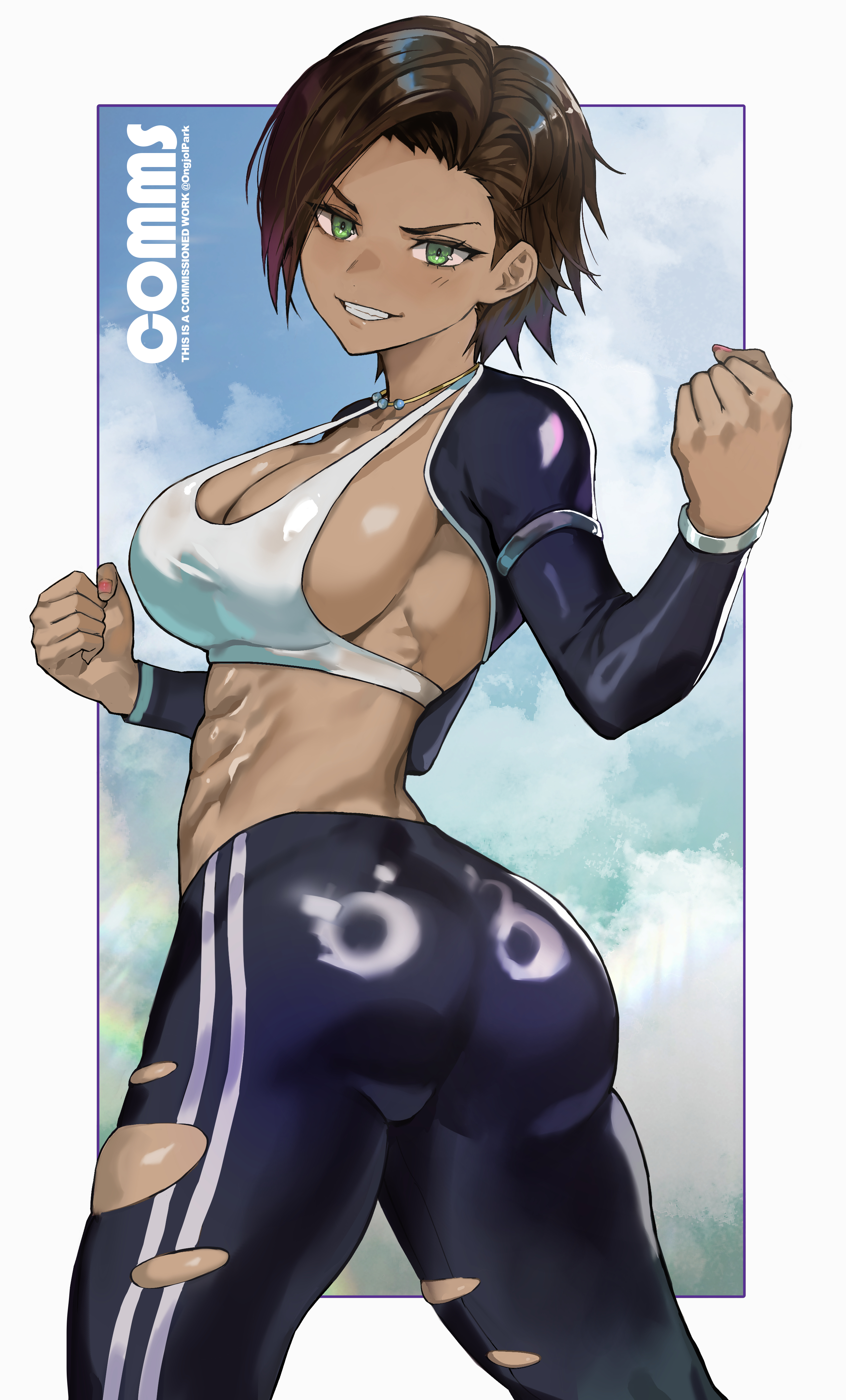 park ongjol, reiko tachibana (namiyovt), original, absurdres, commentary, commission, english commentary, highres, 1girl, abs, ass, black pants, blue jacket, blue pants, border, borrowed character, bra, breasts, brown hair, cleavage, clenched hands, cowboy shot, cropped jacket, dark-skinned female, dark skin, green eyes, jacket, large breasts, muscular, muscular female, pants, underwear, white border