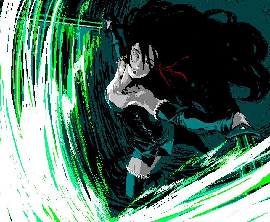 sanada-x, futaba channel, microsoft paint (medium), 1girl, action, bare shoulders, black hair, green theme, hair ribbon, jaggy lines, long hair, mspaint, outstretched arms, red ribbon, ribbon, spread arms, sword, weapon