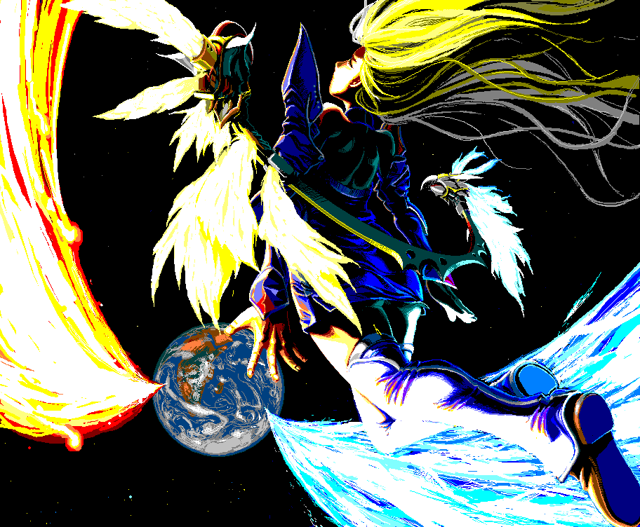 sanada-x, futaba channel, microsoft paint (medium), blonde hair, earth (planet), floating hair, jaggy lines, mspaint, planet, solo, space, wings