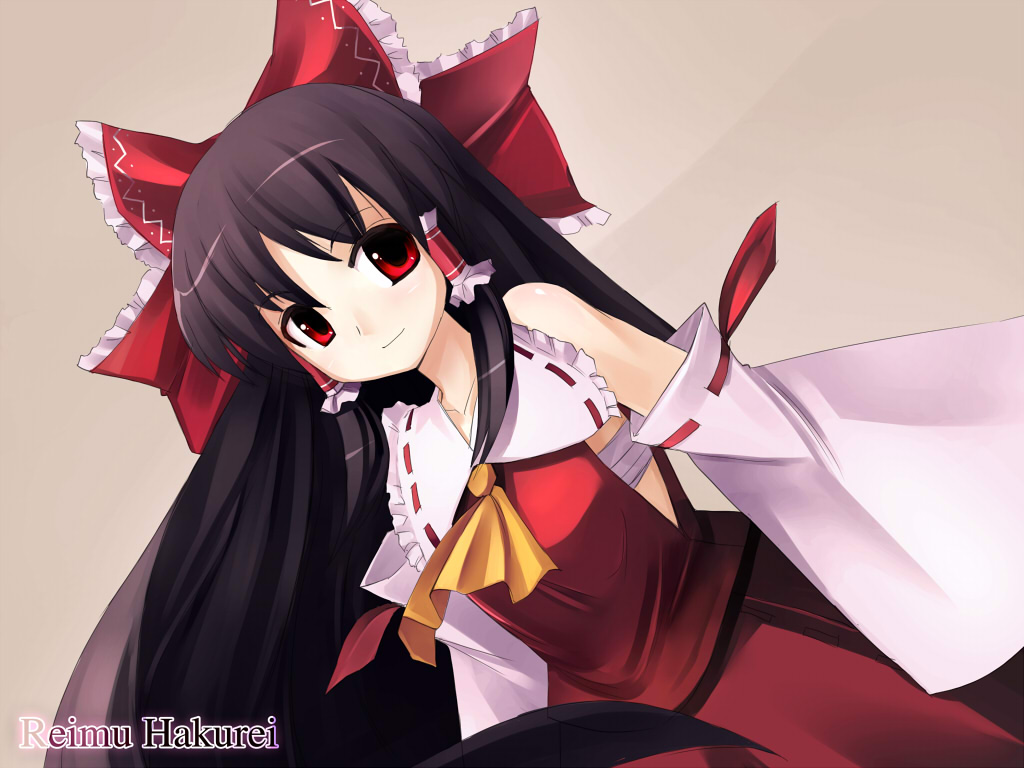 seo tatsuya, hakurei reimu, touhou, 1girl, ascot, blouse, character name, dutch angle, female focus, long hair, red shirt, shirt, solo, very long hair, yellow ascot