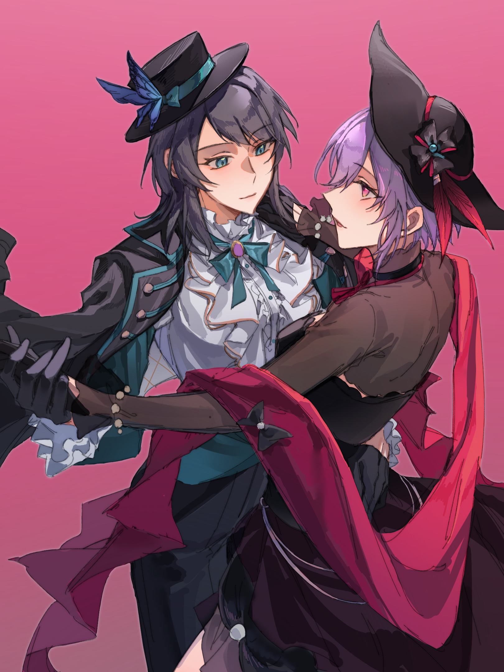 yahata umiri, yuutenji nyamu, bang dream!, bang dream! it's mygo!!!!!, artist request, chinese commentary, commentary request, commission, highres, second-party source, 2girls, black dress, black gloves, black hair, black hat, black jacket, cowboy shot, dancing, dress, gloves, hat, jacket, long sleeves, looking at another, medium hair, multiple girls, neck ribbon, open clothes, open jacket, pink background, purple eyes, purple hair, ribbon, sash, shirt, short hair, smile, standing, top hat, white shirt